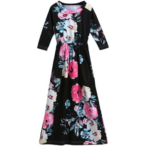  WensLTD Girls Floral Flared Pocket Maxi Three-Quarter Sleeves Long Maxi Princess Party Dress