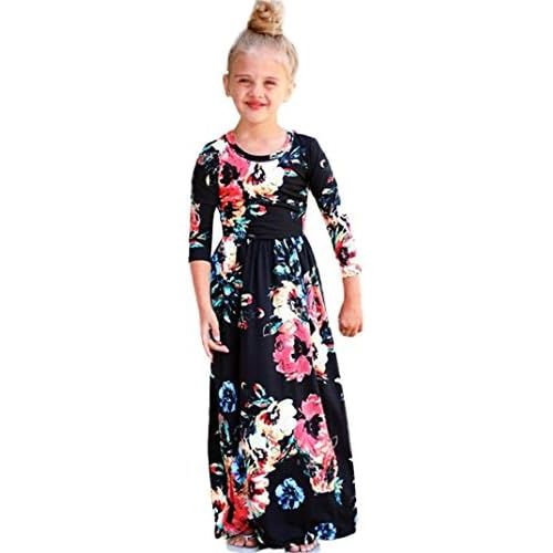  WensLTD Girls Floral Flared Pocket Maxi Three-Quarter Sleeves Long Maxi Princess Party Dress