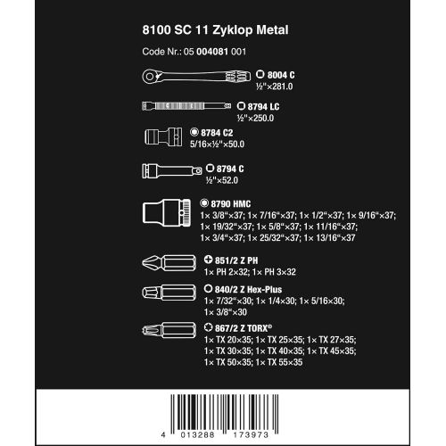  Wera 05004081001 8100 SC 11 Zyklop Imperial Metal Ratchet Set with Switch Lever, 25 Piece, 12 Drive