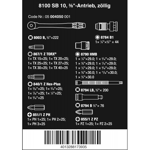  Wera 05004050001 8100 SB 10 Zyklop Imperial Metal Ratchet Set with Push-Through Square, 29 Piece, 38 Drive