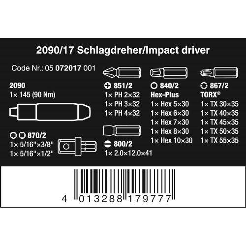  Wera 05072017001 209017 Impact Driver Set, 17 Pieces