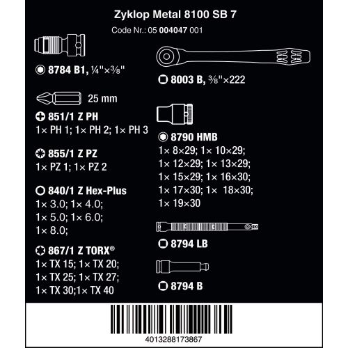  Wera 05004047001 8100 SB 7 Zyklop Metric Metal Ratchet Set with Push-Through Square, 38 Drive