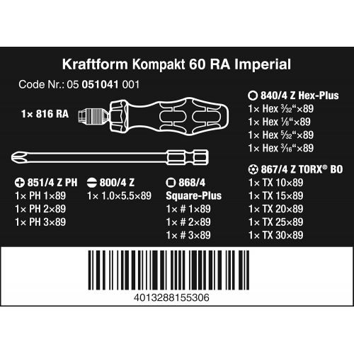  Wera Kraftform Kompakt 60 RA Ratcheting Screwdriver Set, 17-Piece