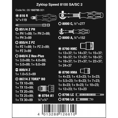  Wera 05160785001 8100 SaSc 2 Zyklop Speed Ratchet Set, 14 Drive and 12 Drive, Metric, 43 Pieces