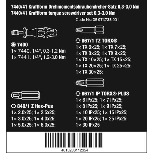 Wera Kraftform 744041 Torque Screwdriver 0.3-3.0 Nm and Bit Set, 26-Piece