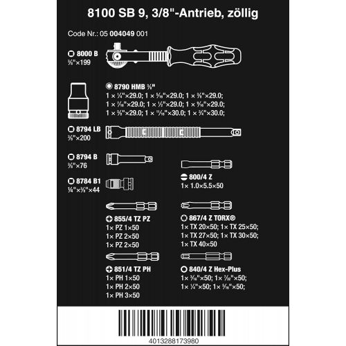  Wera 05004049001 8100 SB 9 Zyklop Imperial Speed Ratchet Set, 38 Drive