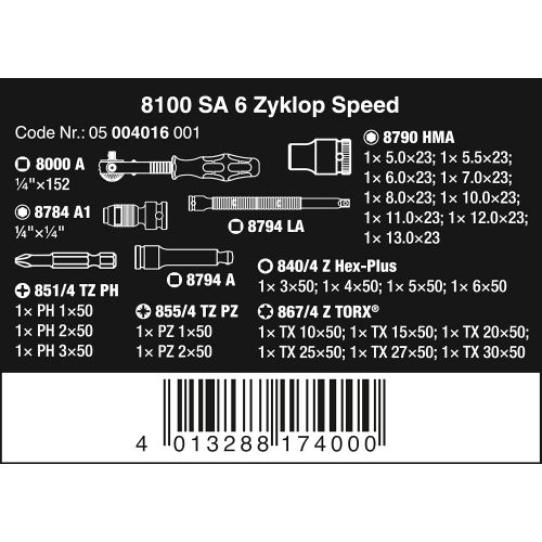  Wera 05004016001 8100 SA 6 Zyklop Metric Speed Ratchet Set, 28 Piece, 14 Drive