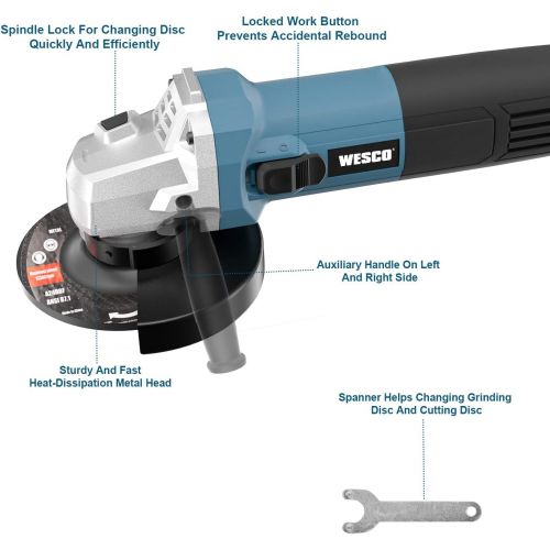  WESCO 6 Amp POWER Angle Grinder Tool, 11000RPM 4-1/2Inch Angle Grinder with Auxiliary Handle, Spanner, Safety Guard for Grinding, Cutting, 3 Metal Grinding Wheels