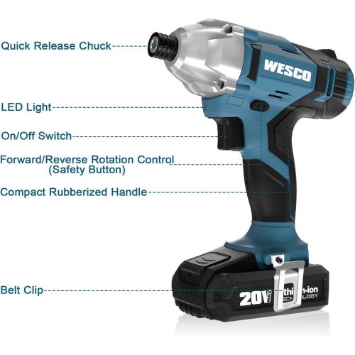  [아마존베스트]Impact Driver, WESCO 20V Max Cordless Impact Driver with 20Pcs Kit, 2.0Ah Lithium-ion Battery and Charger, 1/4 All-metal Hex Chuck, 1246 in-lbs Torque, 0-2400RPM Variable Speed /WS