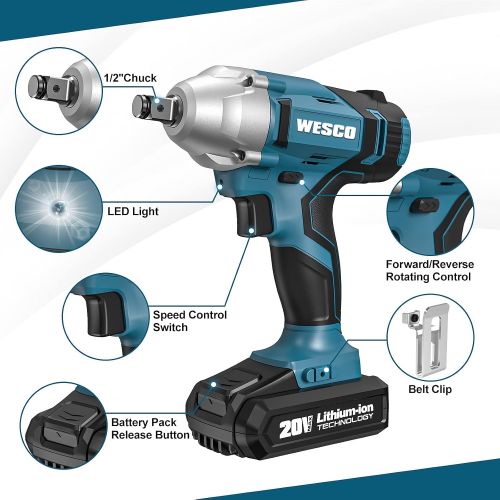  [아마존베스트]WESCO 20V Cordless Impact Wrench, 1/2-inch, 1602In-lbs Max Torque, 2.0Ah Li-ion Battery with Charger, 3000 Max IPM, 2400 Max RPM, Impact Sockets, Belt Clip for Easy Carrying/WS2905