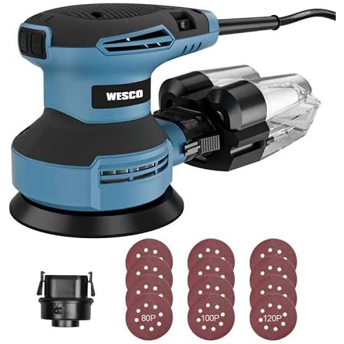  [아마존베스트]Random Orbit Sander, WESCO 3.0A Orbital Sander 5-Inch with 12Pcs Sanding Discs, Vancuum Adapter, Cyclone Box, Corded 6 Variable Speeds Electric Sander, Efficient Dust Collection Sy