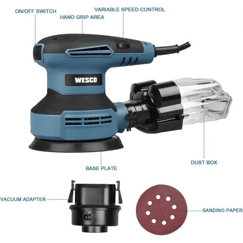  [아마존베스트]Random Orbit Sander, WESCO 3.0A Orbital Sander 5-Inch with 12Pcs Sanding Discs, Vancuum Adapter, Cyclone Box, Corded 6 Variable Speeds Electric Sander, Efficient Dust Collection Sy