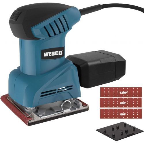  [아마존베스트]WESCO 1/4 Sheet Sander, 2.0 Amp Palm Sander with Aluminum Sanding Base (4x 4-5/16), 12,000 RPM, 12PCS Sanding Papers, Dust Box, Vacuum Adaptor, Paper Punch,for Sanding, Derusting/W