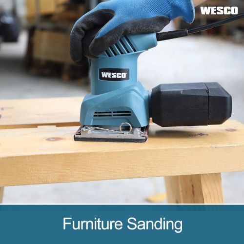  [아마존베스트]WESCO 1/4 Sheet Sander, 2.0 Amp Palm Sander with Aluminum Sanding Base (4x 4-5/16), 12,000 RPM, 12PCS Sanding Papers, Dust Box, Vacuum Adaptor, Paper Punch,for Sanding, Derusting/W