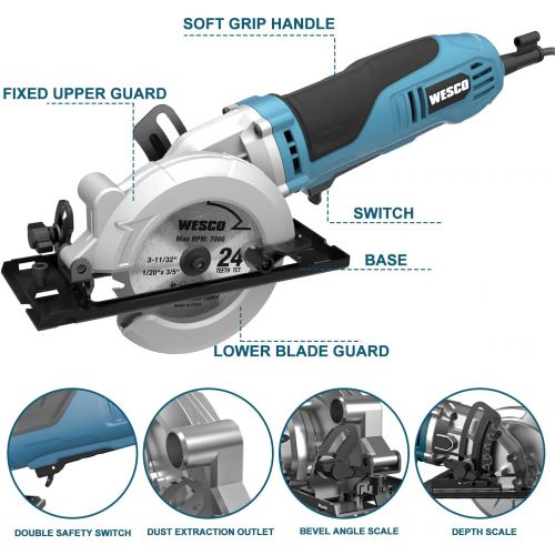  [아마존베스트]Mini Circular Saw, WESCO 4-1/2 6.0A Compact Circular Saw 5200 RPM Max. Cutting Depth 1-11/16(90°), 1-1/8(45°）with 2 TCT Blades and 1 Diamond Blade /WS3454U