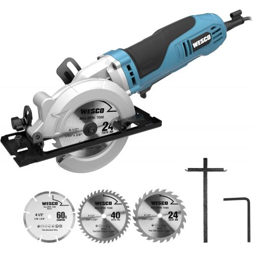  [아마존베스트]Mini Circular Saw, WESCO 4-1/2 6.0A Compact Circular Saw 5200 RPM Max. Cutting Depth 1-11/16(90°), 1-1/8(45°）with 2 TCT Blades and 1 Diamond Blade /WS3454U