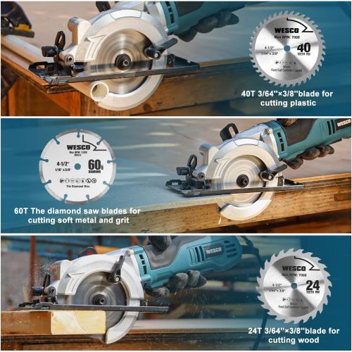  [아마존베스트]Mini Circular Saw, WESCO 4-1/2 6.0A Compact Circular Saw 5200 RPM Max. Cutting Depth 1-11/16(90°), 1-1/8(45°）with 2 TCT Blades and 1 Diamond Blade /WS3454U