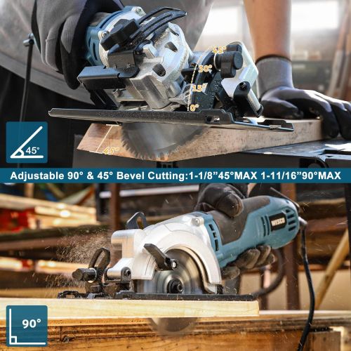  [아마존베스트]Mini Circular Saw, WESCO 4-1/2 6.0A Compact Circular Saw 5200 RPM Max. Cutting Depth 1-11/16(90°), 1-1/8(45°）with 2 TCT Blades and 1 Diamond Blade /WS3454U