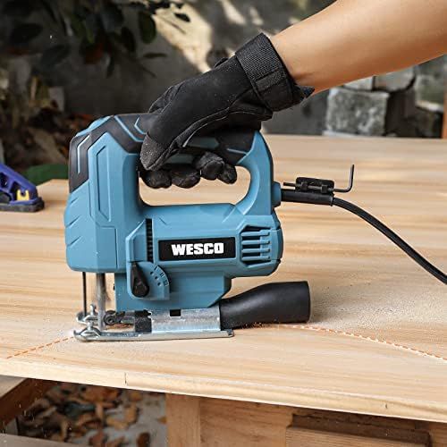  [아마존베스트]WESCO Power Jigsaw Tool, 4.5 Amp 3000 SPM Corded Jig Saw, Variable Speed, 45°Bevel Cutting, Adjustable Aluminum Base, 4 Orbital Setting, 10PCS T-Shank Blades for Wood Metal PVC Cer