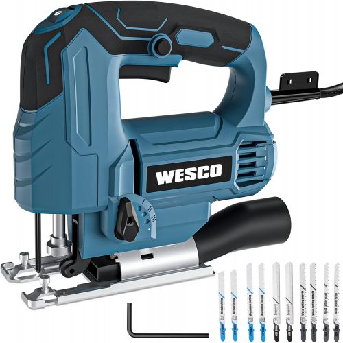  [아마존베스트]WESCO Power Jigsaw Tool, 4.5 Amp 3000 SPM Corded Jig Saw, Variable Speed, 45°Bevel Cutting, Adjustable Aluminum Base, 4 Orbital Setting, 10PCS T-Shank Blades for Wood Metal PVC Cer