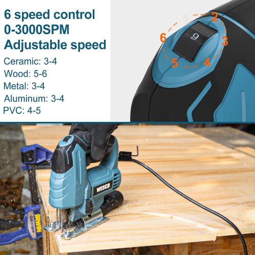  [아마존베스트]WESCO Power Jigsaw Tool, 4.5 Amp 3000 SPM Corded Jig Saw, Variable Speed, 45°Bevel Cutting, Adjustable Aluminum Base, 4 Orbital Setting, 10PCS T-Shank Blades for Wood Metal PVC Cer