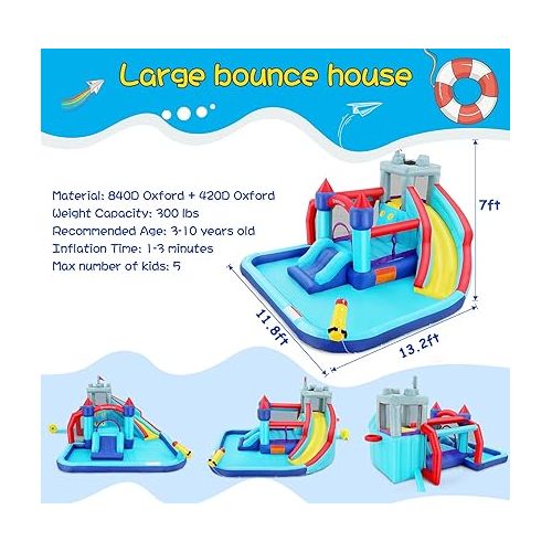  Wesoky Inflatable Bounce House Water Slide for kids, 10 in 1 Inflatable Water Park Bouncy House with 580W Blower, Sprinkler, Water Gun, Trampoline, Blow up Water Slides for Kids Backyard Jumper Castle