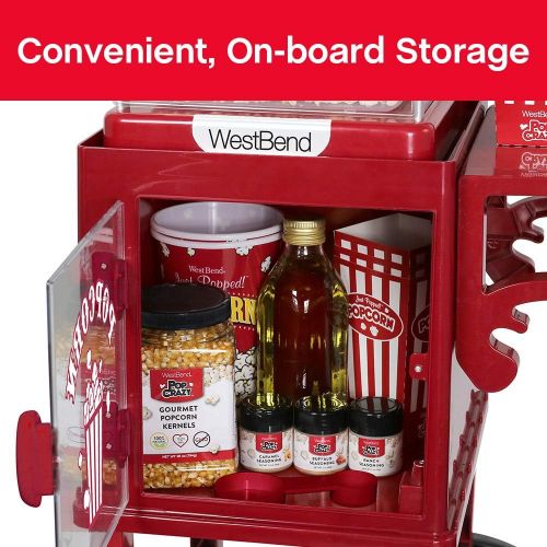  West Bend PCMC20RD13 Popcorn Cart Non-Stick Stainless Steel Kettle Makes 10 Cups Features Prep Shelf Storage and Wheels for Easy Mobility Includes Measuring Tool, 2.5-Ounce, Red