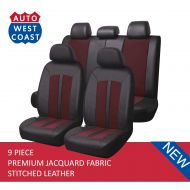 West Coast Auto Car Seat Covers Set for Auto, Truck, Van, SUV - Premium Level Leather & Jacquard Textured Fabric, Airbag Compatible, Universal Fit (9 Pieces) (Dark Red)
