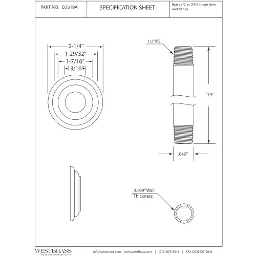  Westbrass 1/2 IPS x 19 Ceiling Mounted Shower Arm with Flange, Matte Black, D3619A-62