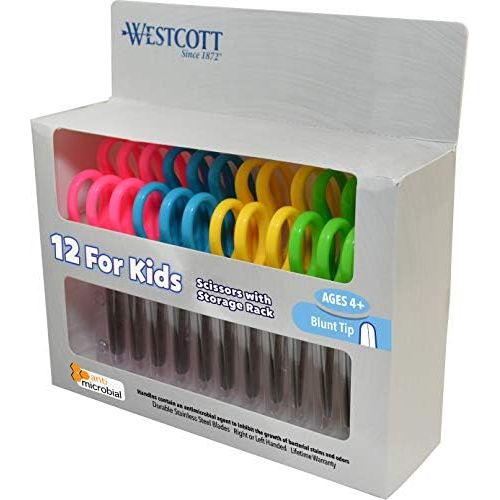  [아마존베스트]Westcott 5 School Pack of Kids Scissors with Anti-Microbial Protection, Blunt, Assorted Colors (Pack of 12)