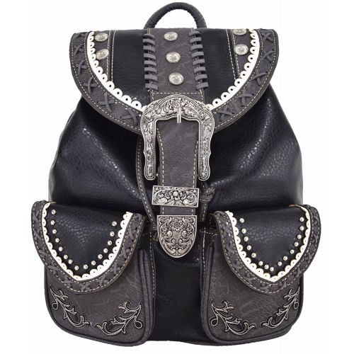  Western Style Cowgirl Country Backpack Punk Buckle School Bag Travel Biker Purse (Black)