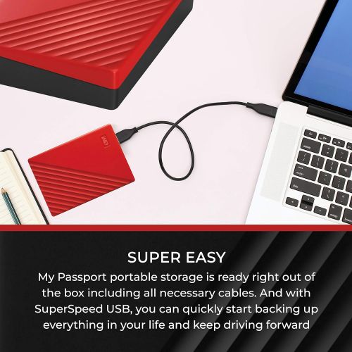  Western Digital WD 4TB My Passport USB 3.2 Gen 1 Slim Portable External Hard Drive (2019, Red) + Compact Hard Drive Case (Red) (4TB, Red)