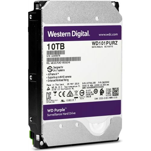  Western Digital 10TB WD Purple Surveillance Internal Hard Drive - SATA 6 Gb/s, , 256 MB Cache, 3.5 - WD101PURZ (Old Version)