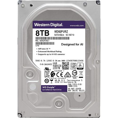  Western Digital 8TB WD Purple Surveillance Internal Hard Drive HDD - SATA 6 Gb/s, 256 MB Cache, 3.5 - WD82PURZ