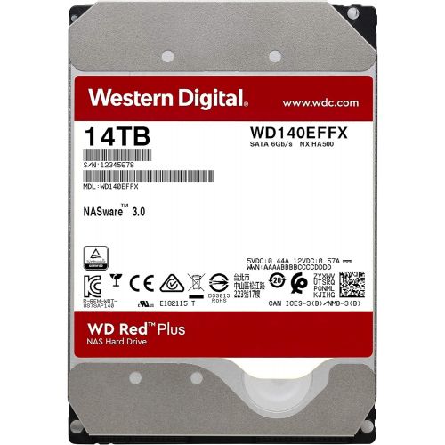  Western Digital 14TB WD Red Plus NAS Internal Hard Drive HDD - 5400 RPM, SATA 6 Gb/s, CMR, 512 MB Cache, 3.5 - WD140EFFX