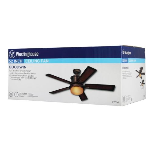  Westinghouse 7201400 Goodwin Two-Light 52 Reversible Plywood Five-Blade Indoor Ceiling Fan, Oil Brushed Bronze with Amber Mist Glass
