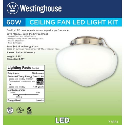  [아마존베스트]Westinghouse Lighting 7785100 LED Schoolhouse Indoor/Outdoor Energy Star Ceiling Fan Light Kit, Antique Brass Finish with White Opal Glass