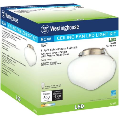  [아마존베스트]Westinghouse Lighting 7785100 LED Schoolhouse Indoor/Outdoor Energy Star Ceiling Fan Light Kit, Antique Brass Finish with White Opal Glass