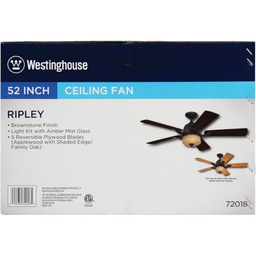  Westinghouse 7201800 Ripley Two-Light 52-Inch Reversible Five-Blade Indoor Ceiling Fan, Brownstone with Amber Mist