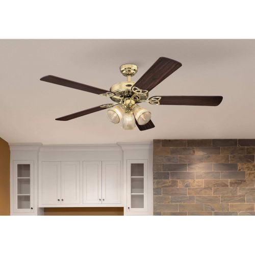  Westinghouse 7804320 Vintage Three-Light 52-Inch Reversible Five-Blade Indoor Ceiling Fan, Polished Brass with Clear Ribbed Glass Shades