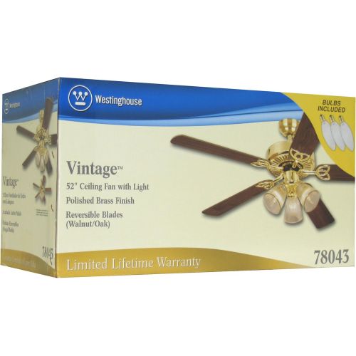  Westinghouse 7804320 Vintage Three-Light 52-Inch Reversible Five-Blade Indoor Ceiling Fan, Polished Brass with Clear Ribbed Glass Shades