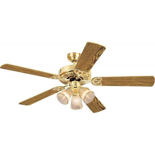  Westinghouse 7804320 Vintage Three-Light 52-Inch Reversible Five-Blade Indoor Ceiling Fan, Polished Brass with Clear Ribbed Glass Shades