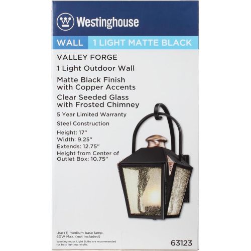  Westinghouse 6312300 Valley Forge One-Light Outdoor Wall Lantern, Matte Black Finish with Copper Accents and Frosted Chimney in Clear Seeded Glass