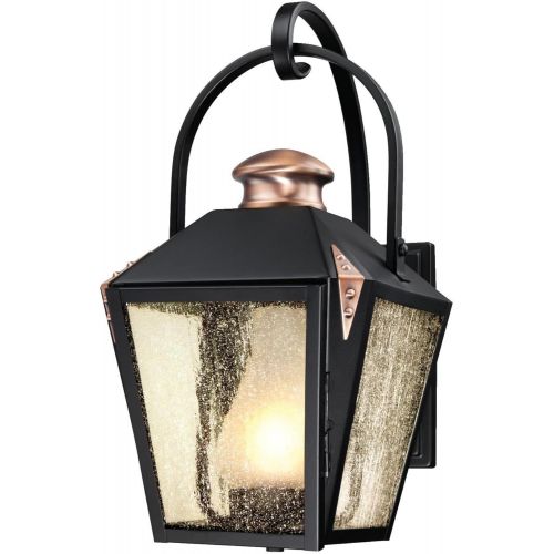  Westinghouse 6312300 Valley Forge One-Light Outdoor Wall Lantern, Matte Black Finish with Copper Accents and Frosted Chimney in Clear Seeded Glass