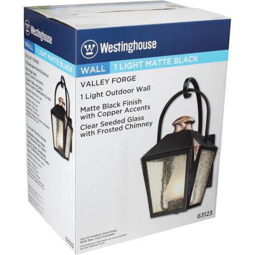  Westinghouse 6312300 Valley Forge One-Light Outdoor Wall Lantern, Matte Black Finish with Copper Accents and Frosted Chimney in Clear Seeded Glass