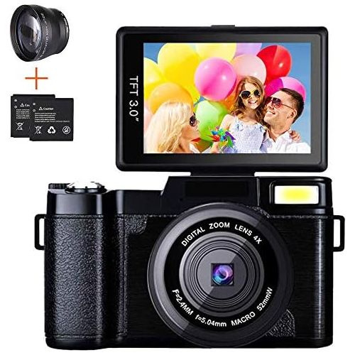  [아마존베스트]Digital Camera Camcorder, Weton Full HD 1080P 24.0MP Video Camera 3.0 Inch Flip Screen Vlogging Camera Camcorder with Retractable Flashlight for YouTube (Two Batteries Included)