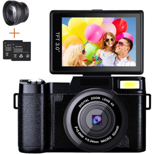  [아마존베스트]Digital Camera Camcorder, Weton Full HD 1080P 24.0MP Video Camera 3.0 Inch Flip Screen Vlogging Camera Camcorder with Retractable Flashlight for YouTube (Two Batteries Included)