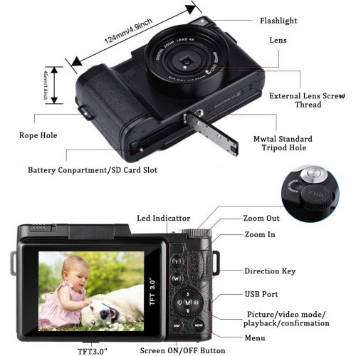  [아마존베스트]Digital Camera Camcorder, Weton Full HD 1080P 24.0MP Video Camera 3.0 Inch Flip Screen Vlogging Camera Camcorder with Retractable Flashlight for YouTube (Two Batteries Included)