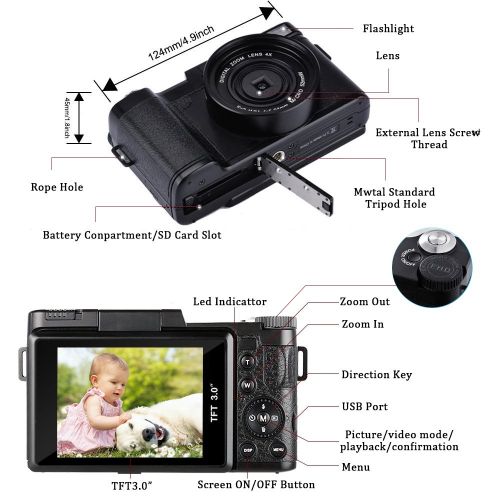  Digital Camera Camcorder, Weton Full HD 1080P 24.0MP Video Camera 3.0 Inch Flip Screen Vlogging Camera Camcorder with Retractable Flashlight for YouTube (Two Batteries Included)