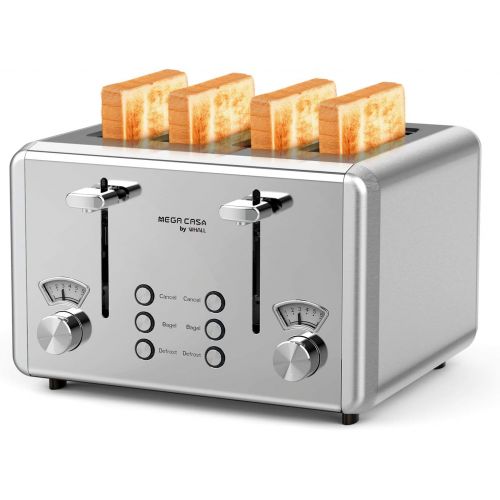  [아마존베스트]Toaster 4 Slice,whall Stainless Steel Extra Wide 4 Slots Toaster- Dual Independent Control Panels,6 Bread Shade Settings,Bagel/Defrost/Cancel Function,Removable Crumb Tray,Toast Ev